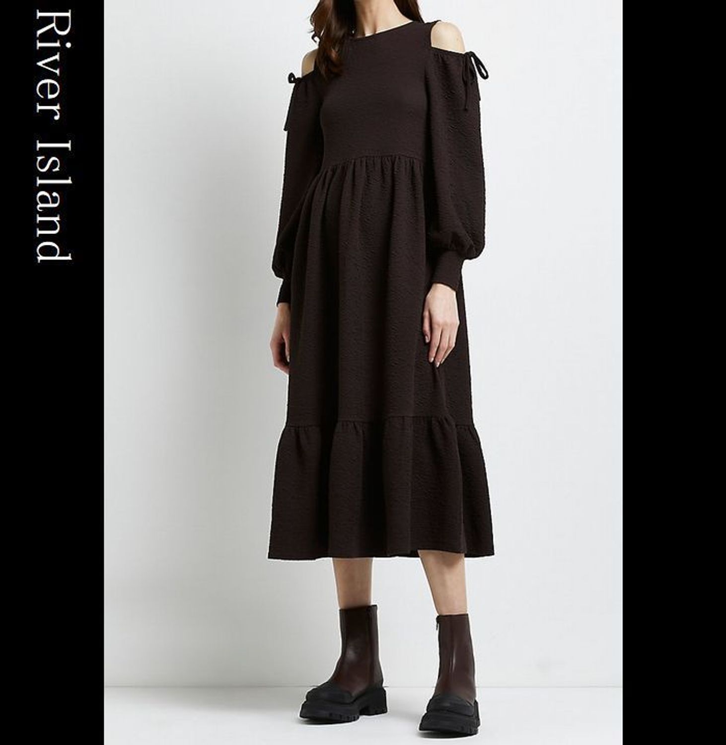 River Island 長袖 ミモレ丈 肩見せ 肩出し ワンピース ドレス River Island ワンピース Buyma