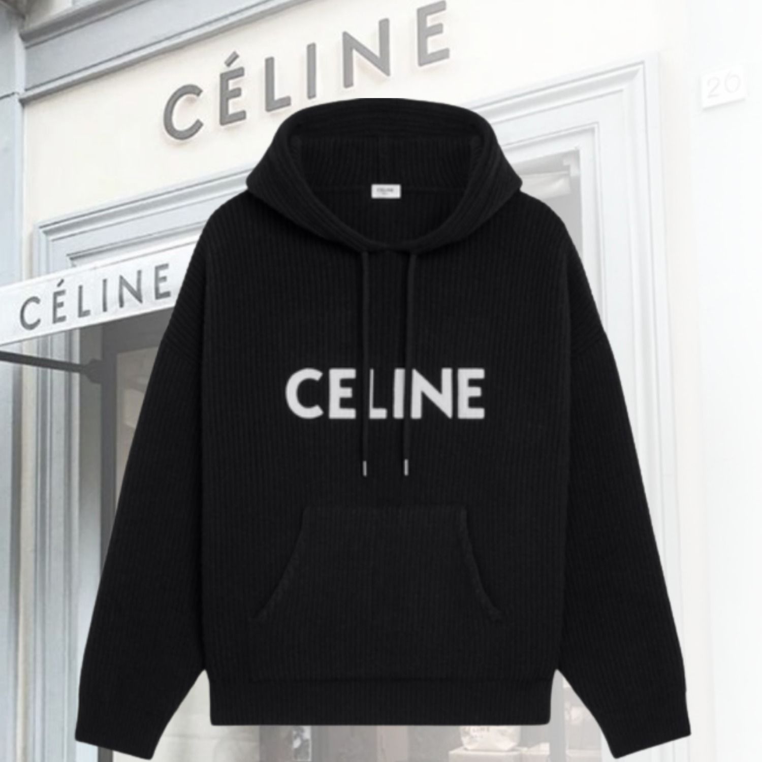 CELINE リブ編み ウール フーディー パーカー ブラック (CELINE/ニット ...