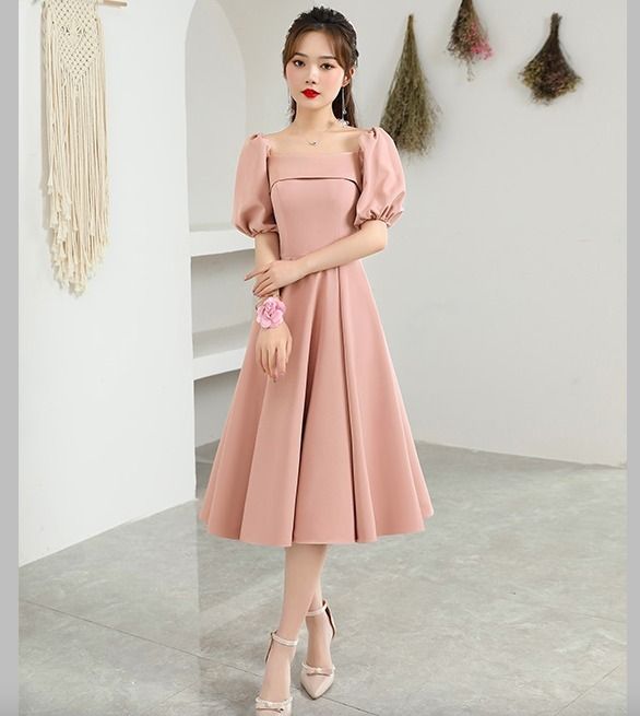 半袖 ドレスワンピース ピンク 上品 大人可愛い ミドル丈 (パーティー