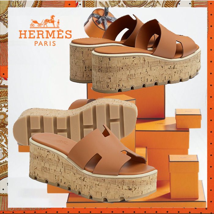 HERMES サンダル《Eze 30》ブラウン カーフ/コルクヒール 直営店 HERMES サンダル《Eze 30》ブラウン カーフ/コルクヒール 直営店