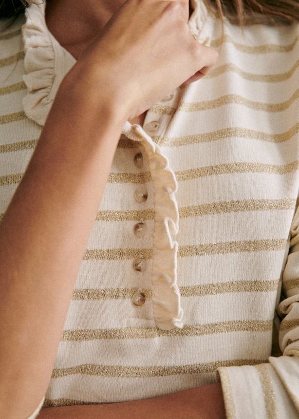 SEZANE セザンヌ フリル付 ボーダー ボタン開き マリン Tシャツ