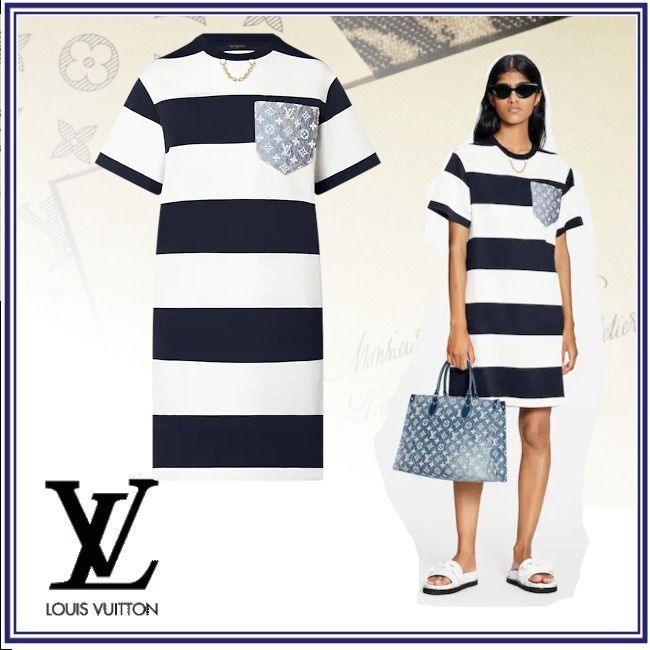 2022SS 新作《LV》ストライプモノグラムポケットTシャツドレス 2022SS 新作《LV》ストライプモノグラムポケットTシャツドレス