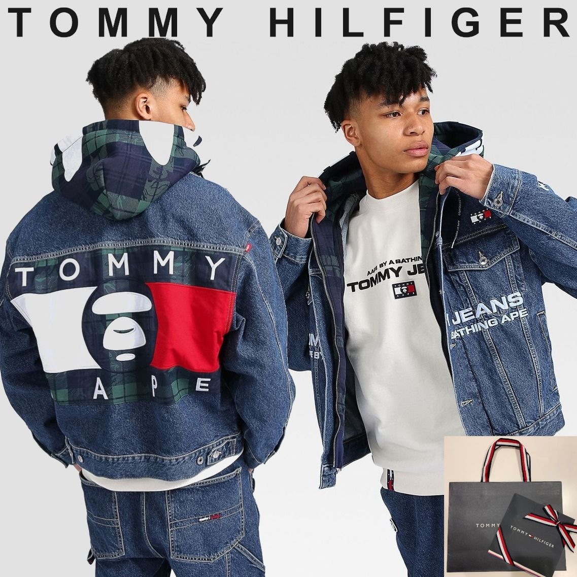 TOMMY JEANS X AAPE チェックフード2WAYデニムジャケット (Tommy 大阪正規 TOMMY HILFIGERデニムジャケット Gジャン/デニムジャケット