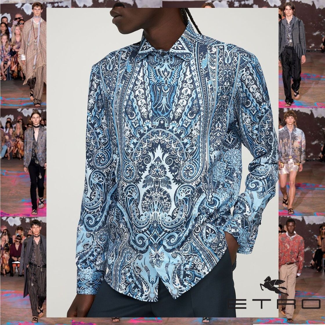 ETRO コットン カーペットペイズリー柄 シャツ ネイビーブルー (ETRO