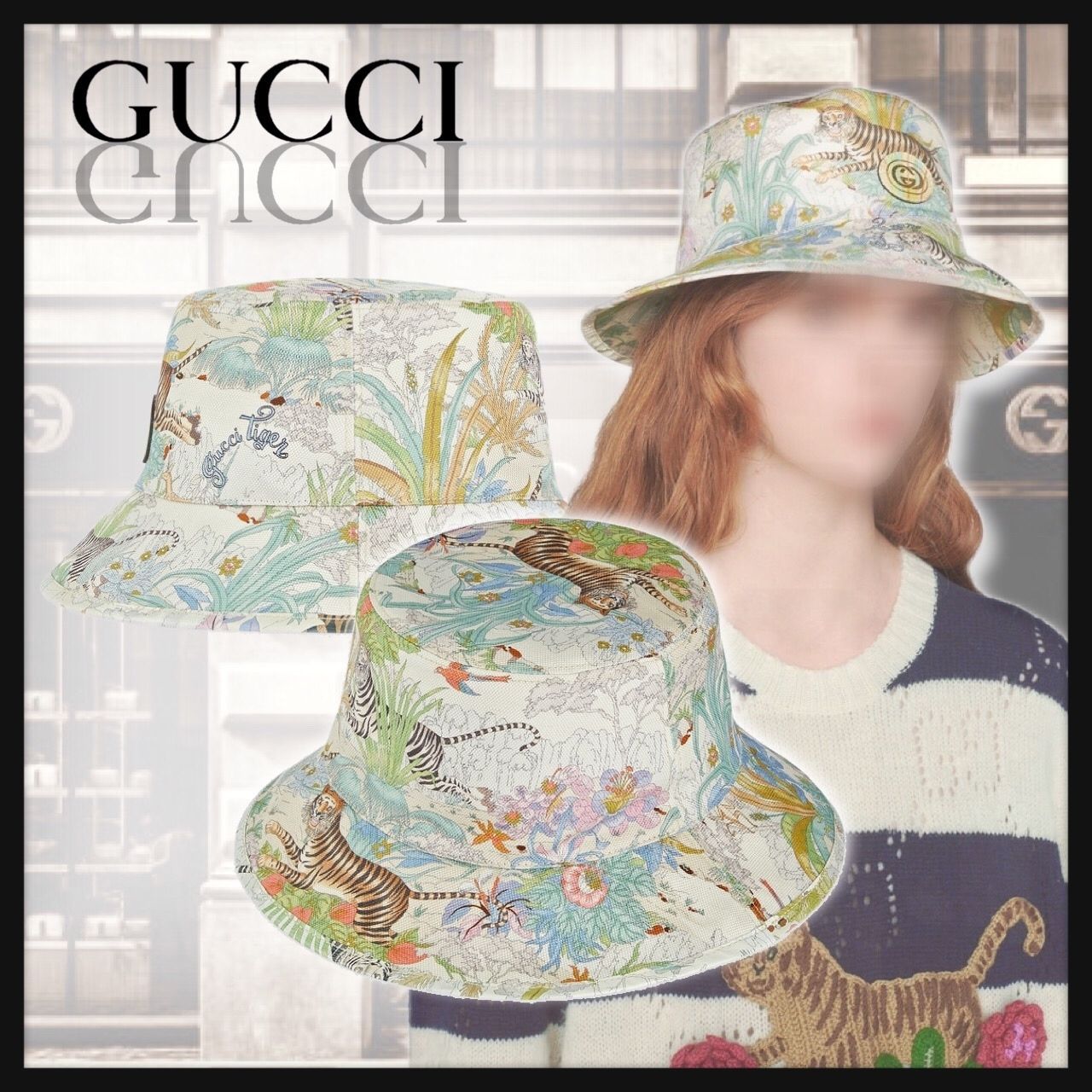 ◇GUCCI◇タイガークローシュ&フラワープリントのバケットハット ...