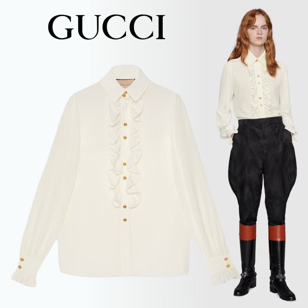 22新作 グッチ GGボタン フリル付き クレープデシン ブラウス (GUCCI 販売買取 GUCCI ブラウス シャツ/ブラウス(半袖/袖なし)