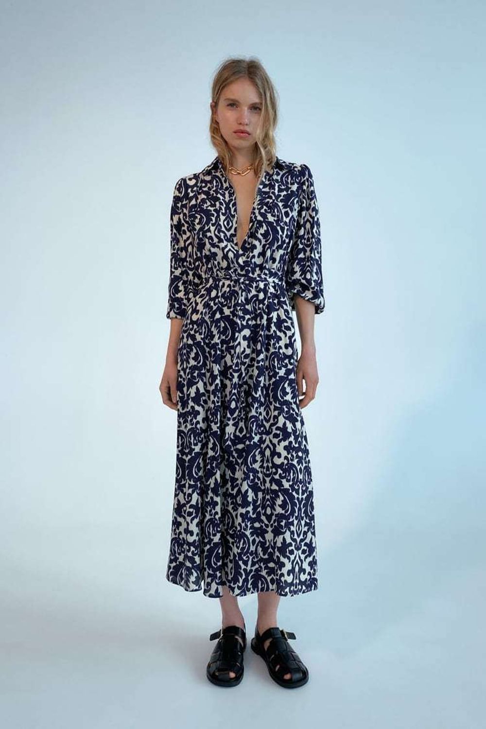 Zara ザラ プリント ミディワンピース ブルー Zara ワンピース Buyma