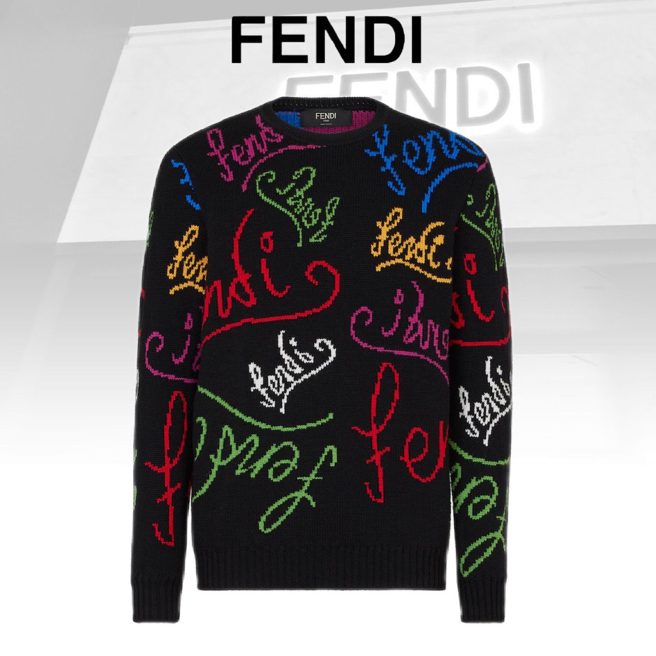 FENDI フェンディ セーター ウール ラウンドネック ロゴ 黒 (FENDI 美しい商品価格 フェンディ黒ニットセーター ニット/セーター