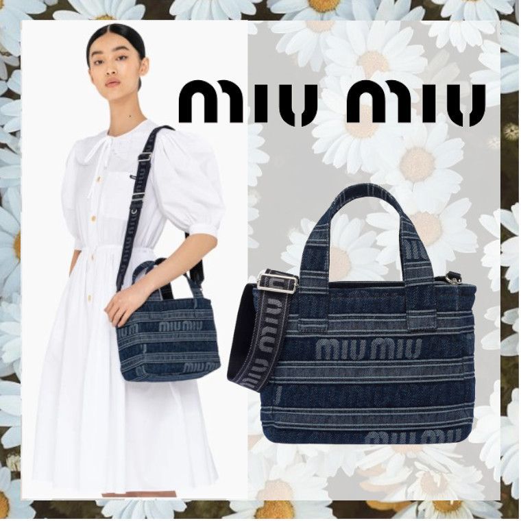 VIP☆直営店買付【 MIU MIU】ストライプジャカードデニムバッグ 【内祝い】 【かきり様確認】miumiu デニムバッグ ハンドバッグ