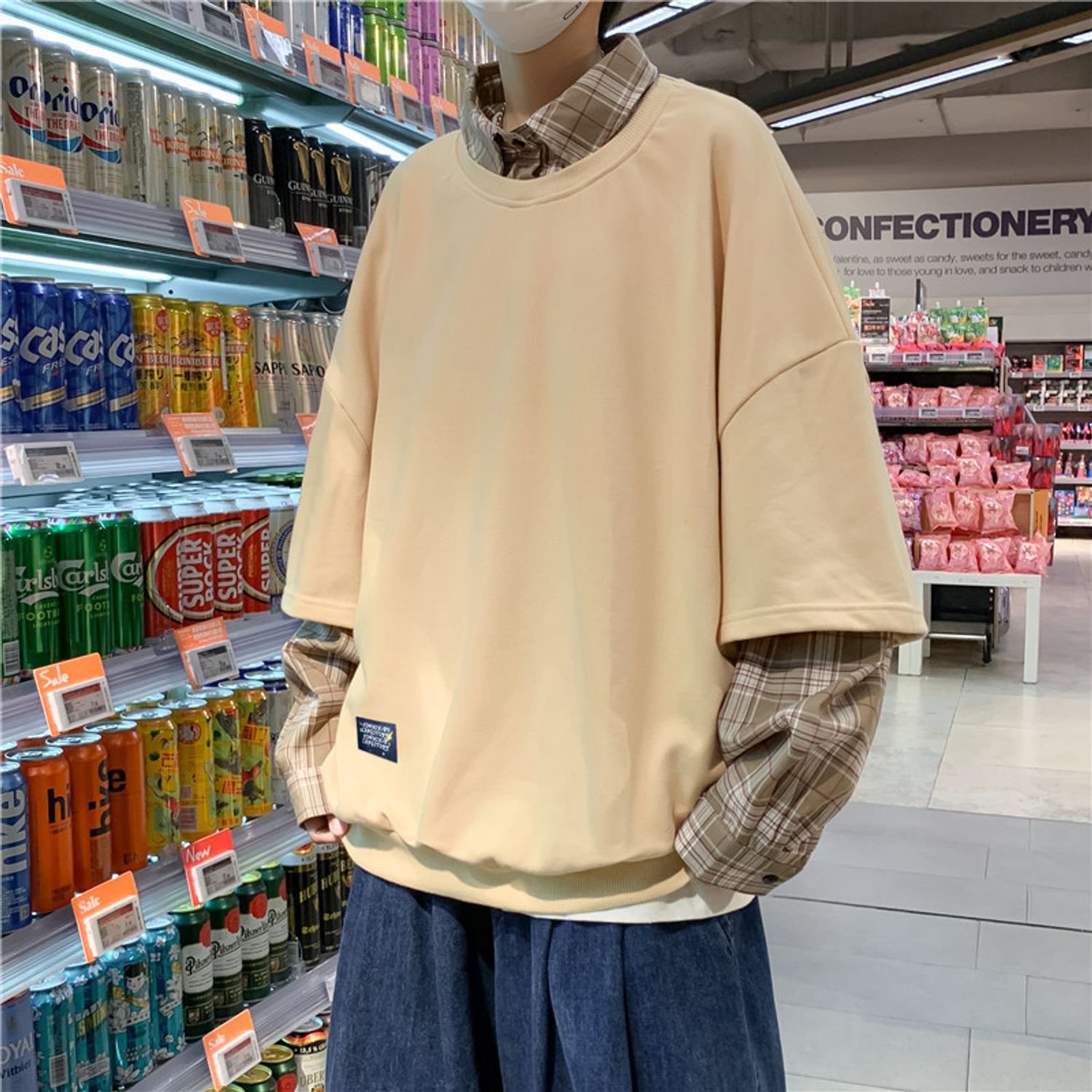 トレーナー フェイクレイヤード 重ね着風 チェックシャツ 韓国 スウェット トレーナー Buyma