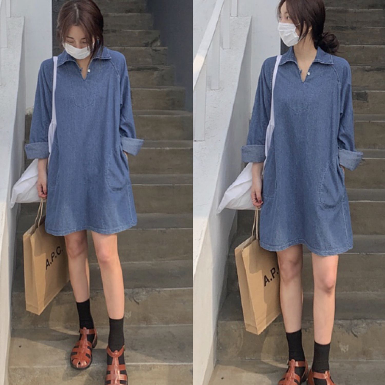 韓国発 デニムワンピース Mini Long ワンピース Buyma