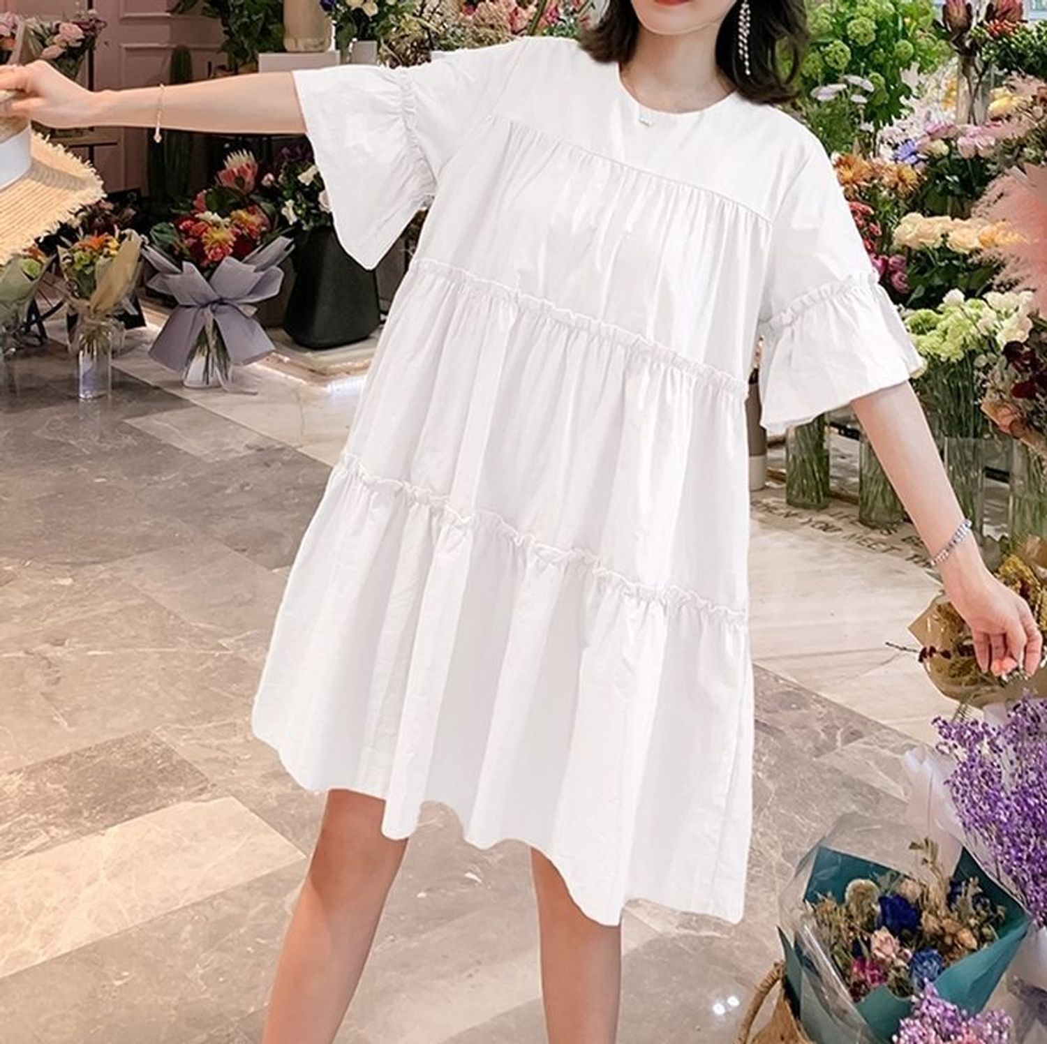 ワンピース ミニ ティアード 半袖 チュニック きれいめ 韓国 白 ワンピース Buyma