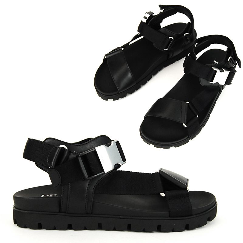選ぶなら PRADA スポーティーレザー×ナイロンテープサンダルブラック 2X3055 靴