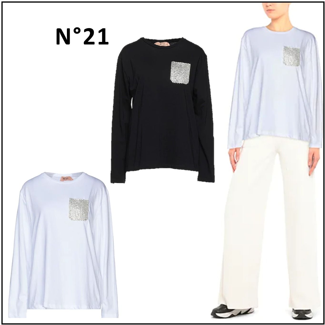 N°21 ヌメロ 長袖 Tシャツ ロンT ロンティー ホワイト ブラック (N21 多数取りそろえる N°21 ロングTシャツ Tシャツ/カットソー(七分/長袖)