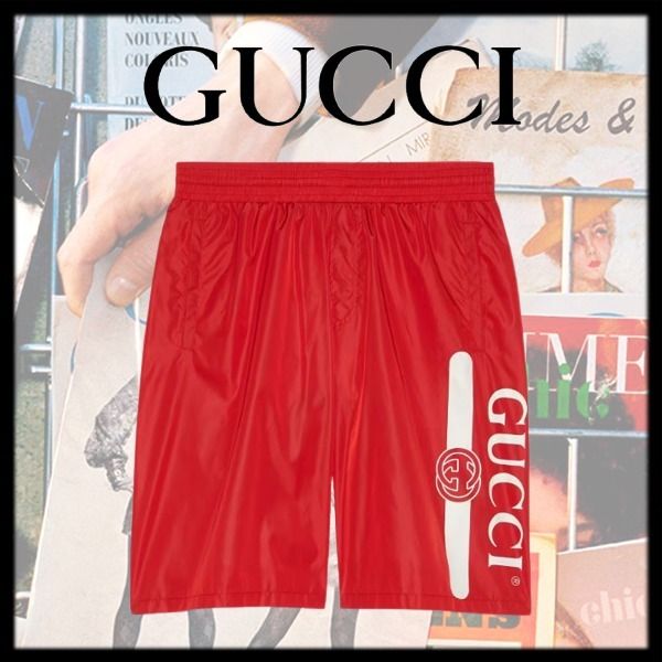 新作【GUCCI】グッチ ロゴ スイムショートパンツ、レッド (GUCCI/水着