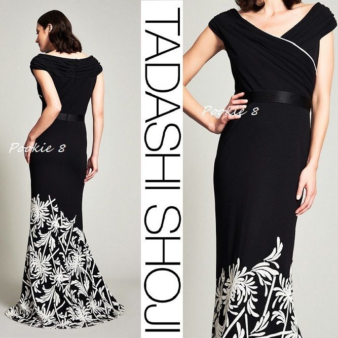 TADASHI SHOJI レース白黒モノトーンロングドレス花柄ベルト