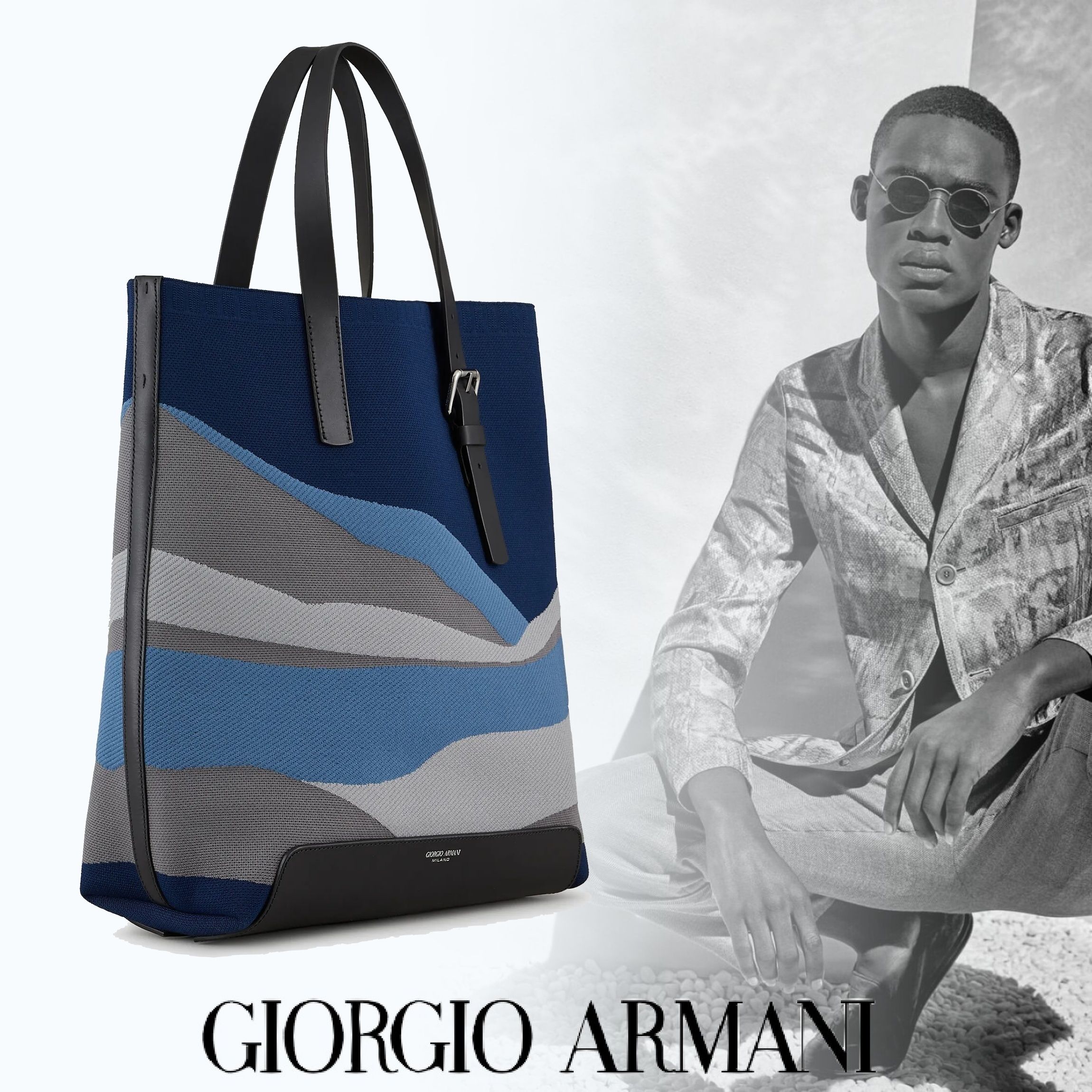 GIORGIO ARMANI ジャカードニット ロゴ トートバッグ ブルー