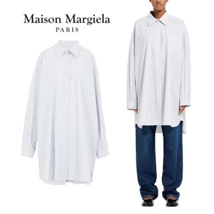 メゾンマルジェラ ストライプ コットン ロングシャツ ブルー (Maison