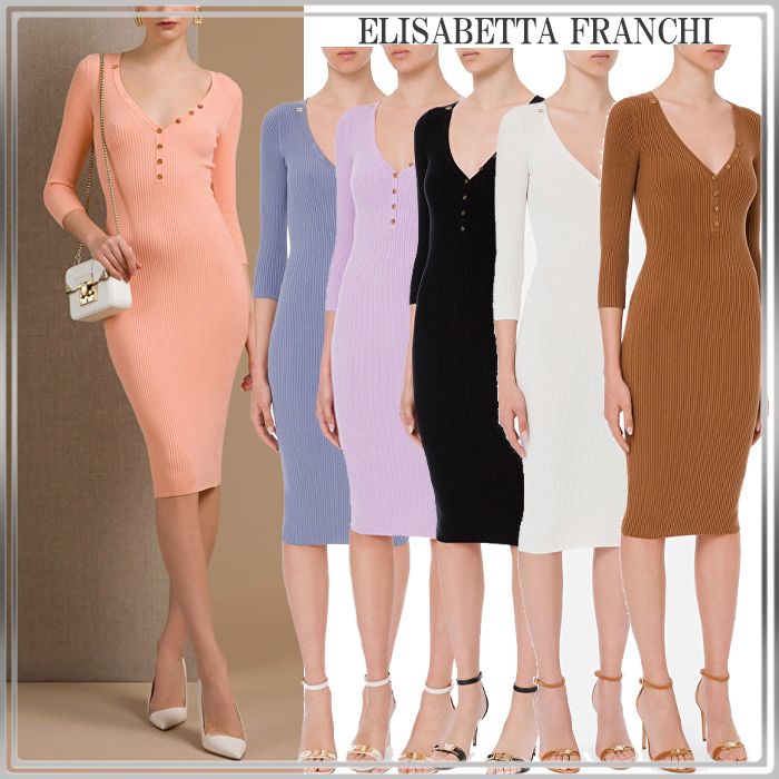 ELISABETTA FRANCHI ニットワンピース ミディ丈 七分袖 Vネック ELISABETTA FRANCHI ニットワンピース ミディ丈 七分袖 Vネック