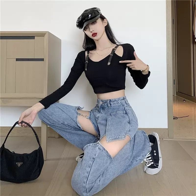 ガーター デニム パンツ ワイド Y2K ストリート 美脚見え 韓国 ガーター デニムパンツ ワイドパンツ Y2K ストリート 美脚見え