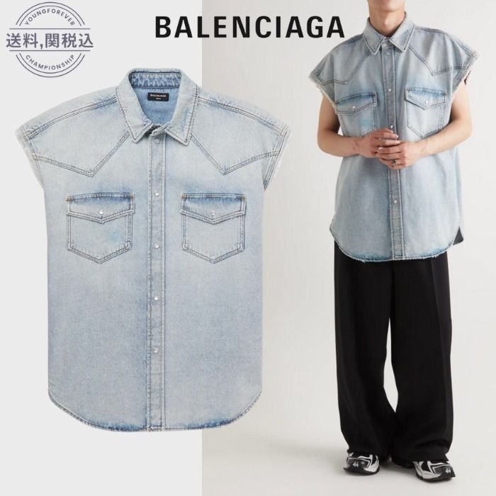 BALENCIAGA バレンシアガ ノースリーブ デニムシャツ 人気 (BALENCIAGA 直営通販格安サイト Balenciaga ボックス デニムシャツ バレンシアガ vetements Gジャン/デニムジャケット
