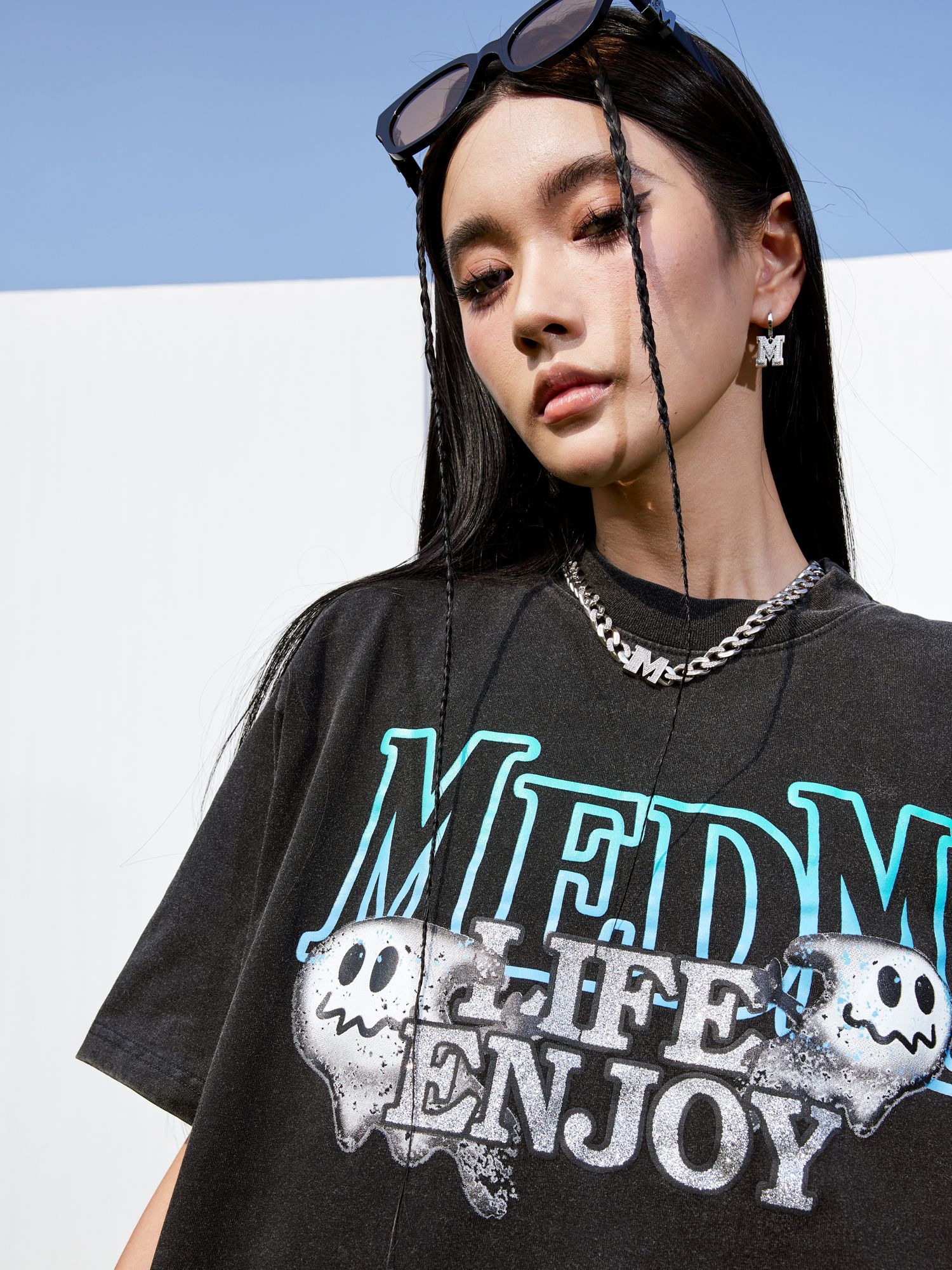 MEDM 半袖Tシャツ ロゴ オバケ プリント 大人気 男女兼用 ロング
