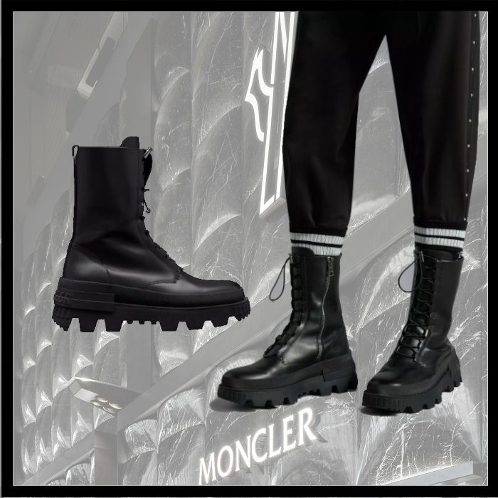 MONCLER*新作*Vailレースアップ 厚底アンクルブーツ レザー (MONCLER ネット売り モンクレールレザーブーツ ブーツ