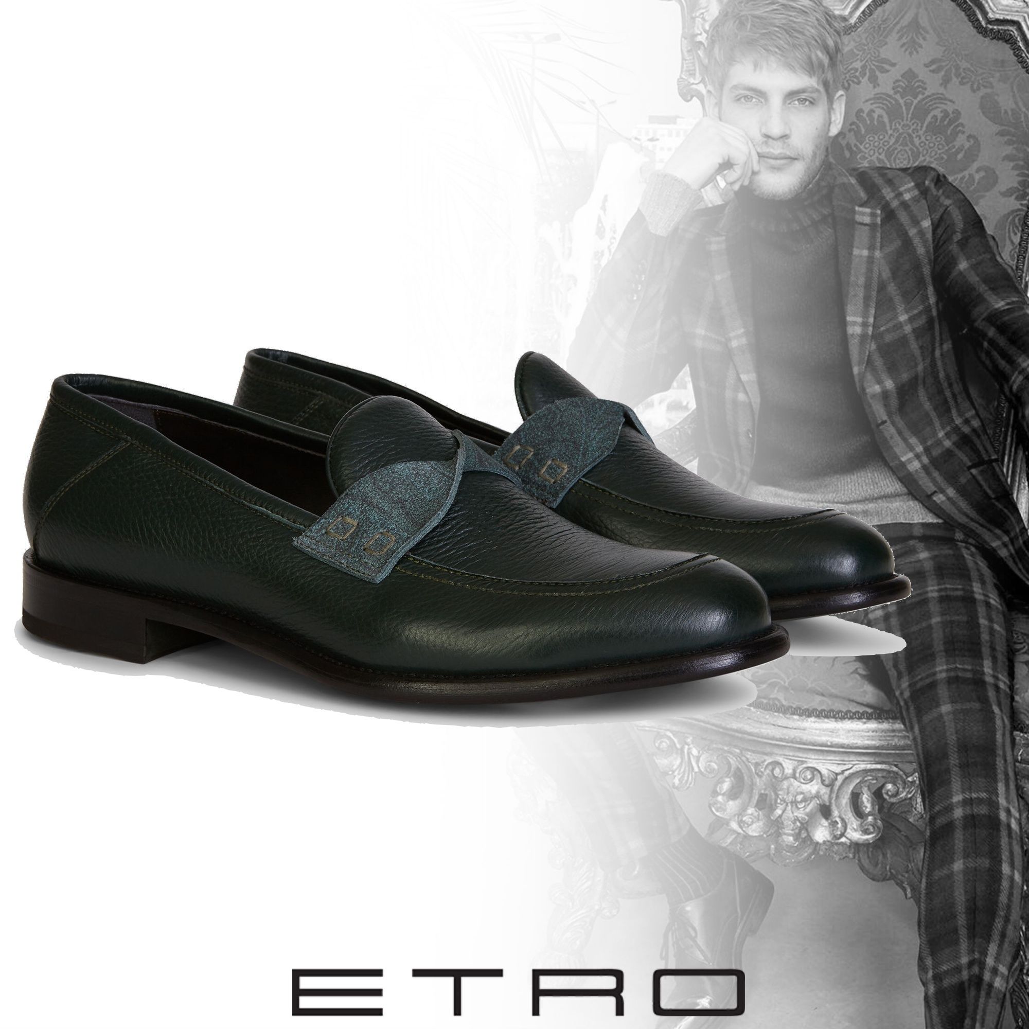 ETRO スエードレザー ペイズリーディテール モカシン グリーン (ETRO