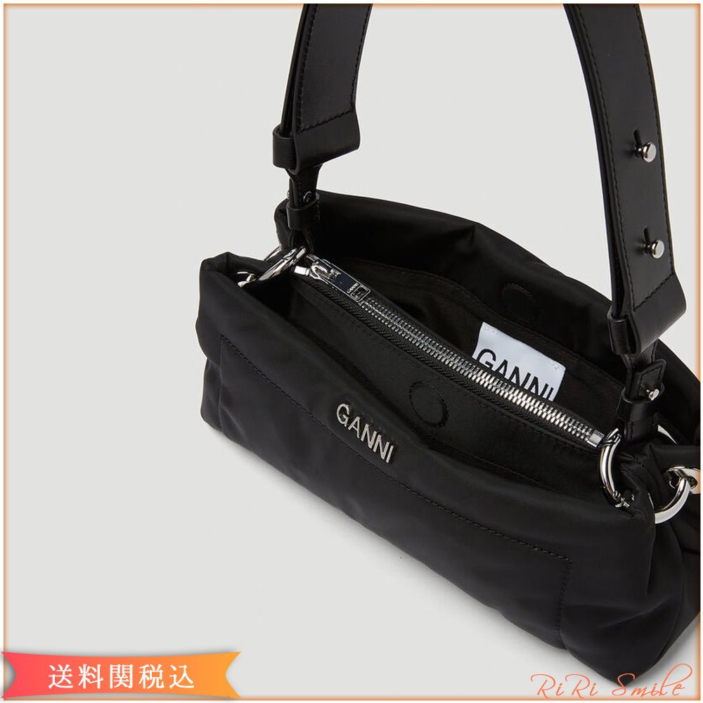 GANNI ロゴ入り ピロー バゲットバッグブラック 大容量 ハンドバッグ