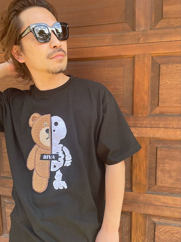 ドクロくま 異素材 キャラ目くま ぷくふわ 3D刺繍 Tシャツ ドクロくま 異素材 キャラ目くま もこもこ ぷくふわ ワッペン