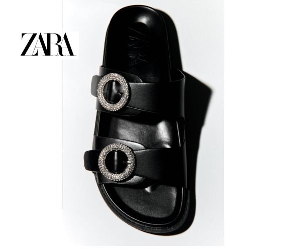 ☆Zara(ザラ)ラインストーン バックル スライドサンダル (ZARA 新品お値下げ ラインストーンバックルフラットスライドサンダル 35 ザラ ZARA サンダル