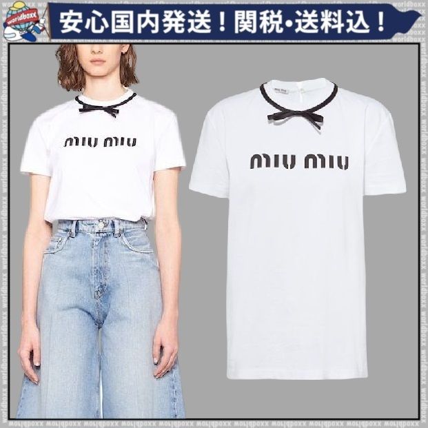 MiuMiu *ミュウミュウ* ロゴ リボン Tシャツ (MiuMiu/Tシャツ 安い大人気 【新品】ミュウミュウ miumiu Tシャツ ホワイト ロゴ Tシャツ/カットソー(半袖/袖なし)
