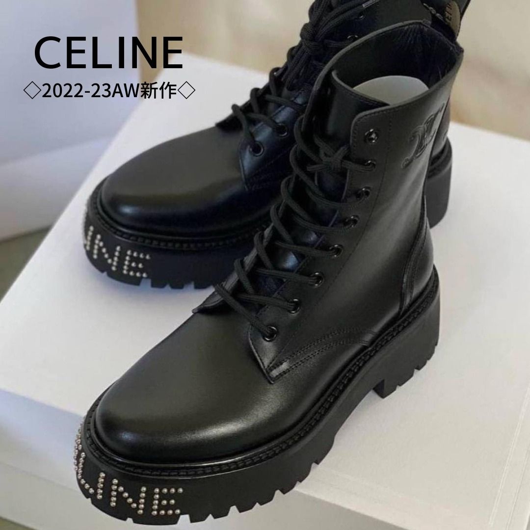 2022-23AW*完売必至◇スタッズ付き バルキー レースアップブーツ 人気の商品 CELINE ブーティ サイドベルト レザーソール プレーントゥ ハイヒール ブーツ