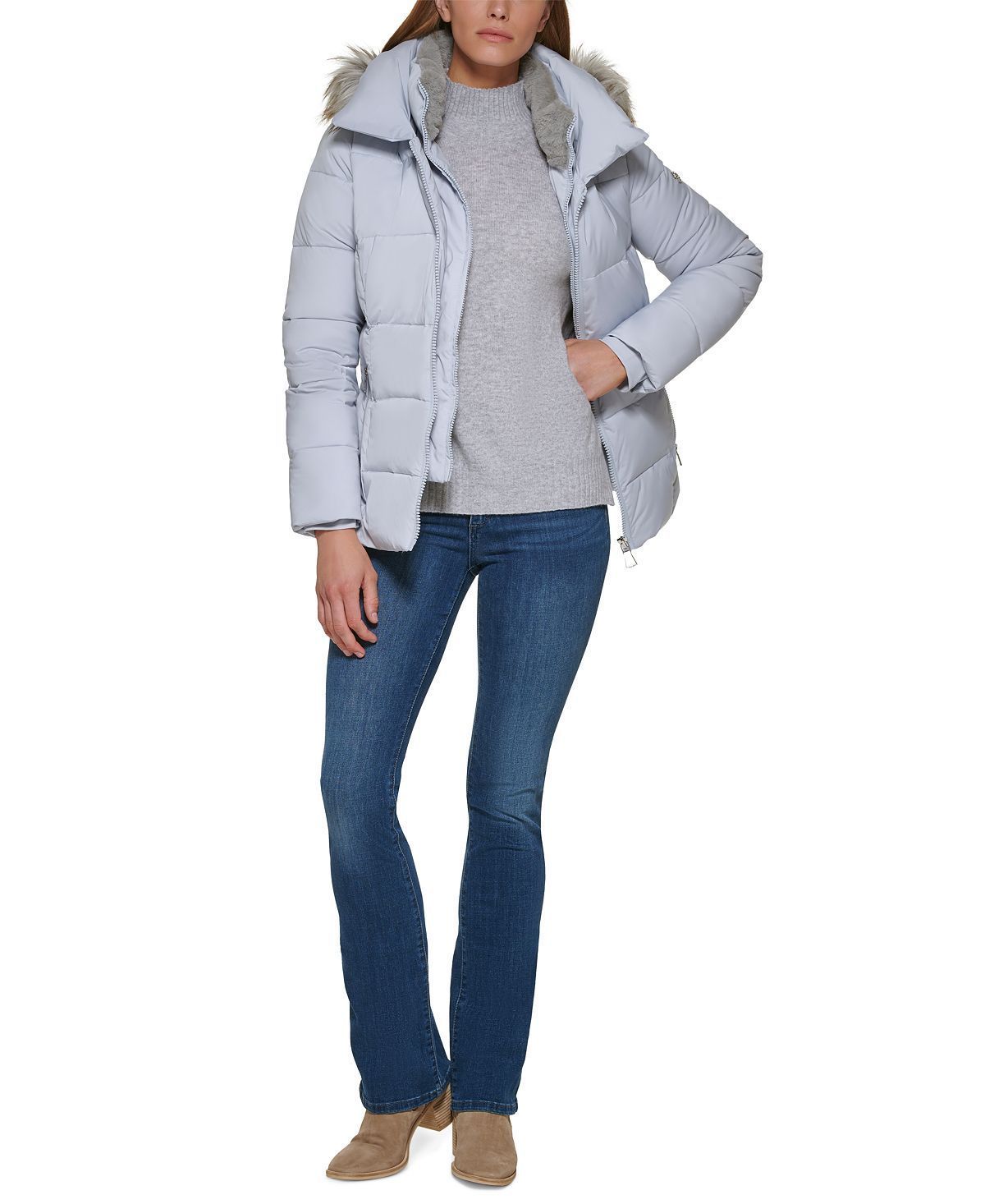 Calvin Klein】フェイクファー トリム フード パファー コート (Calvin