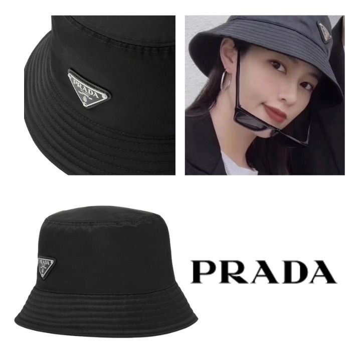 ☆Prada プラダ☆ロゴ付 バケットハット ブラック (PRADA/ハット スーパーセール期間限定 【人気】プラダ PRADA バゲットハット 白タグ付 ブラック ハット