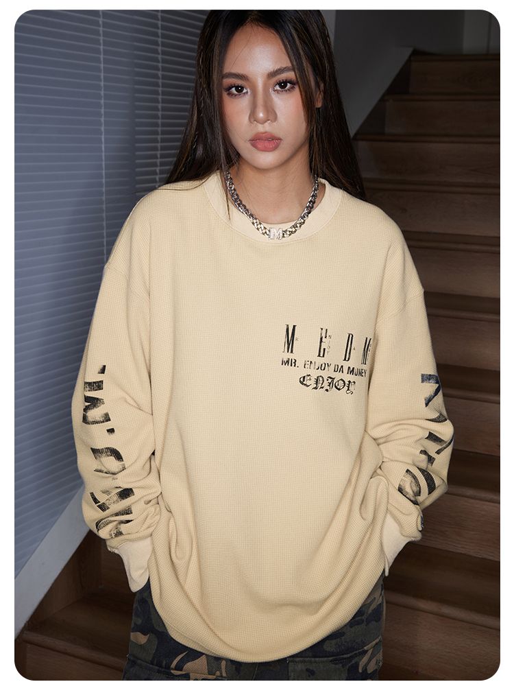 MEDM Tシャツ 長袖 ワッフル 袖ロゴ プリント 男女兼用 MEDM 新作Tシャツ 長袖 ワッフル プリント 人気 男女兼用 ルーズ