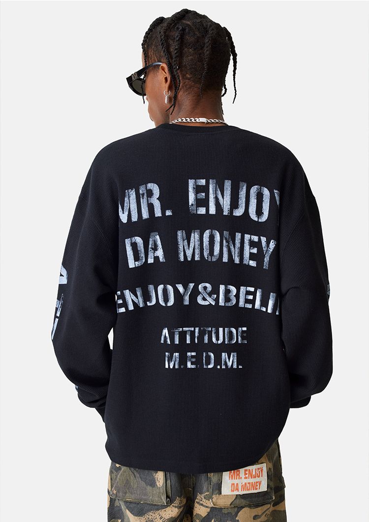 MEDM Tシャツ 長袖 ワッフル 袖ロゴ プリント 男女兼用 MEDM 新作Tシャツ 長袖 ワッフル プリント 人気 男女兼用 ルーズ