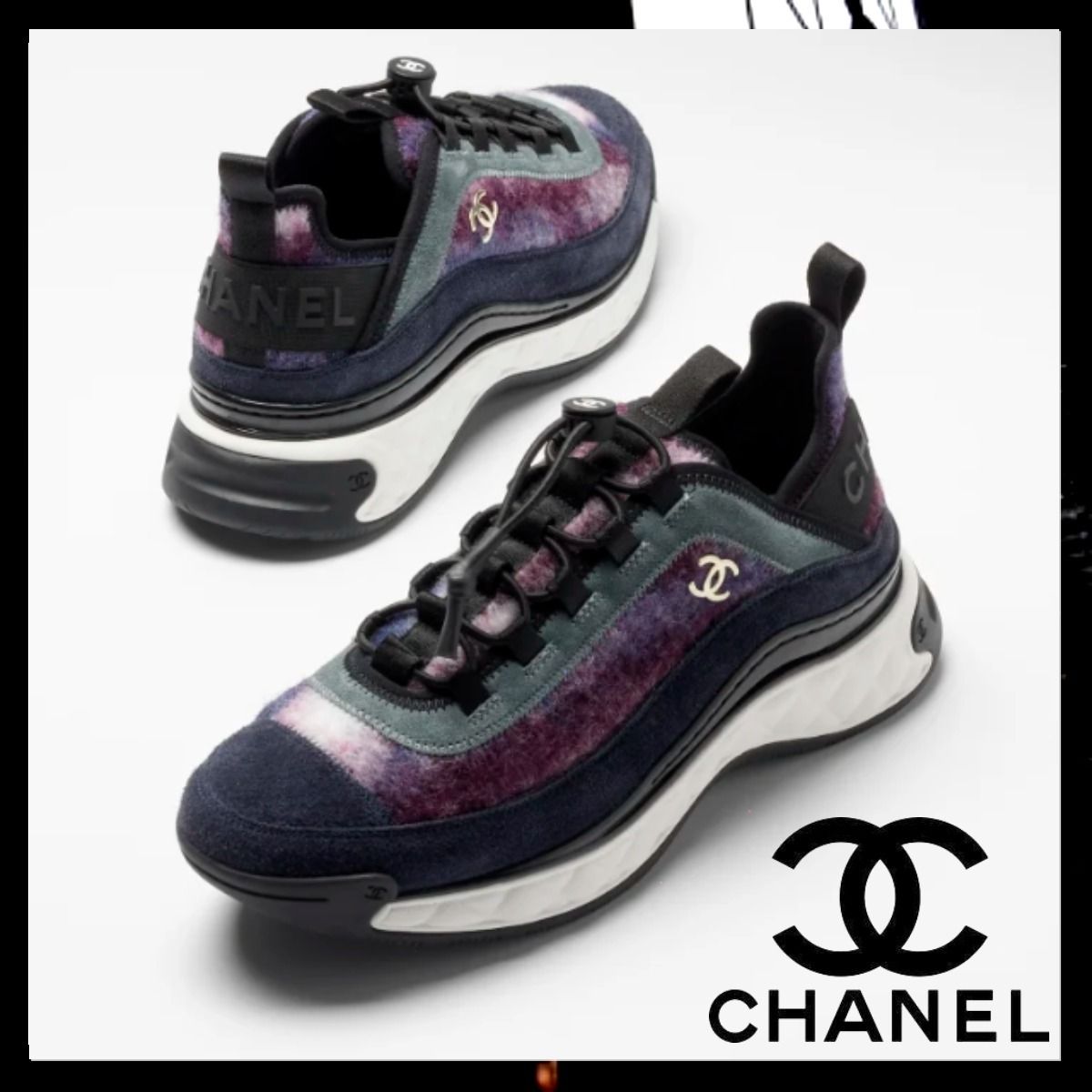 新作CHANELスニーカー 黒白シャネル入手困難 直営ハーフサイズ有