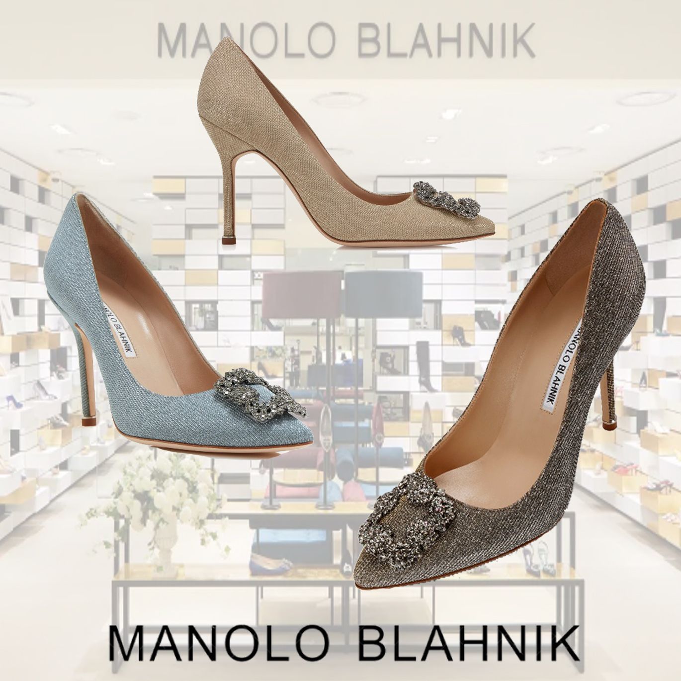 直営店【MANOLO BLAHNIK】HANGISI GLITTER ジュエルバックル