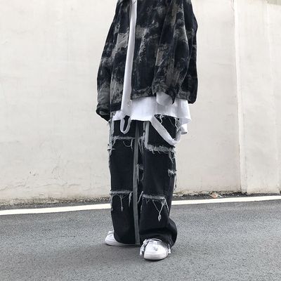 ワイドパンツ クラッシュ ダメージ ジーンズ 韓国ファッション Amazon | [YUNHEN] デニムパンツ ワイドパンツ ダメージ