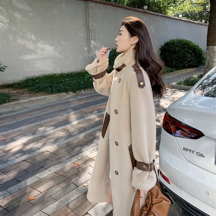上品◆秋冬フェイクシープスキンミディコート韓国トレンド 上品◇秋冬フェイクシープスキンミディコート韓国トレンド