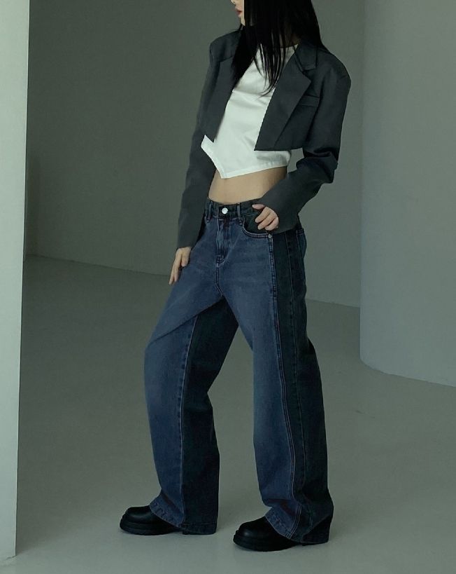 【WONDER WONDER】Nitiz Color Matching Wide Denim Pants WONDER WONDER】Nitiz Color Matching Wide Denim Pants (WONDER