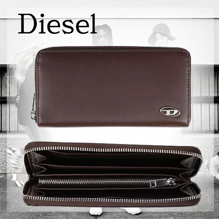 DIESEL/ディーゼル 牛革 ロゴ付き 無地 レザー 長財布 ブラウン