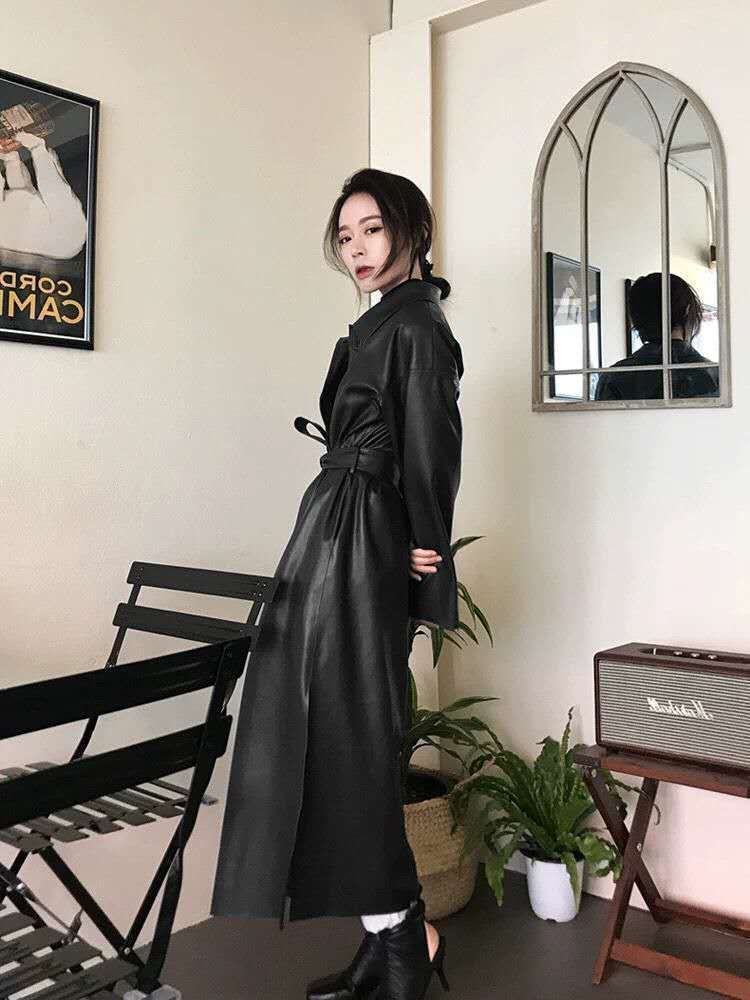 韓国 ロング レザー コート ジャケット PUレザー レディース