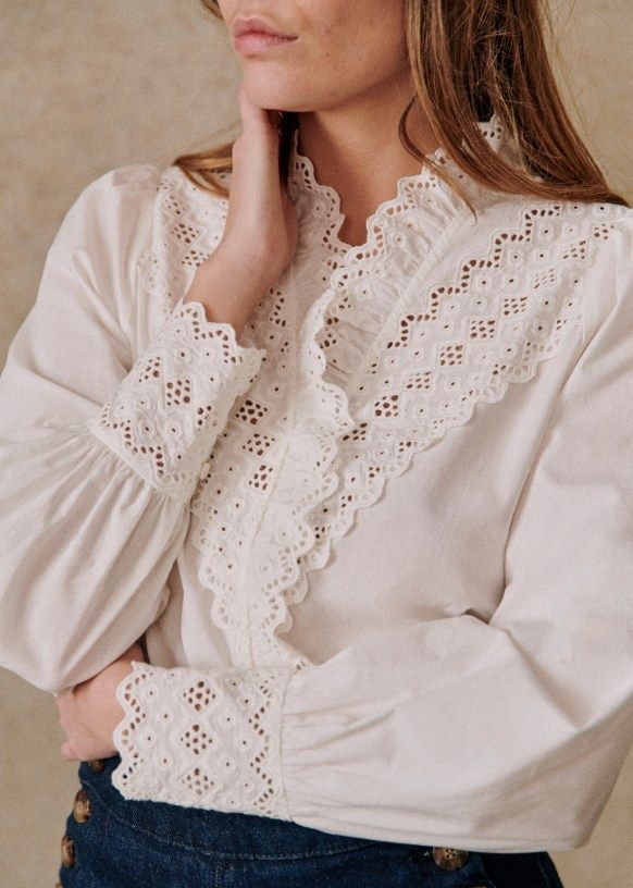 セザンヌ オーガニックコットン レース フリル シャツブラウス (SEZANE セザンヌ オーガニックコットン レース フリル シャツブラウス (SEZANE
