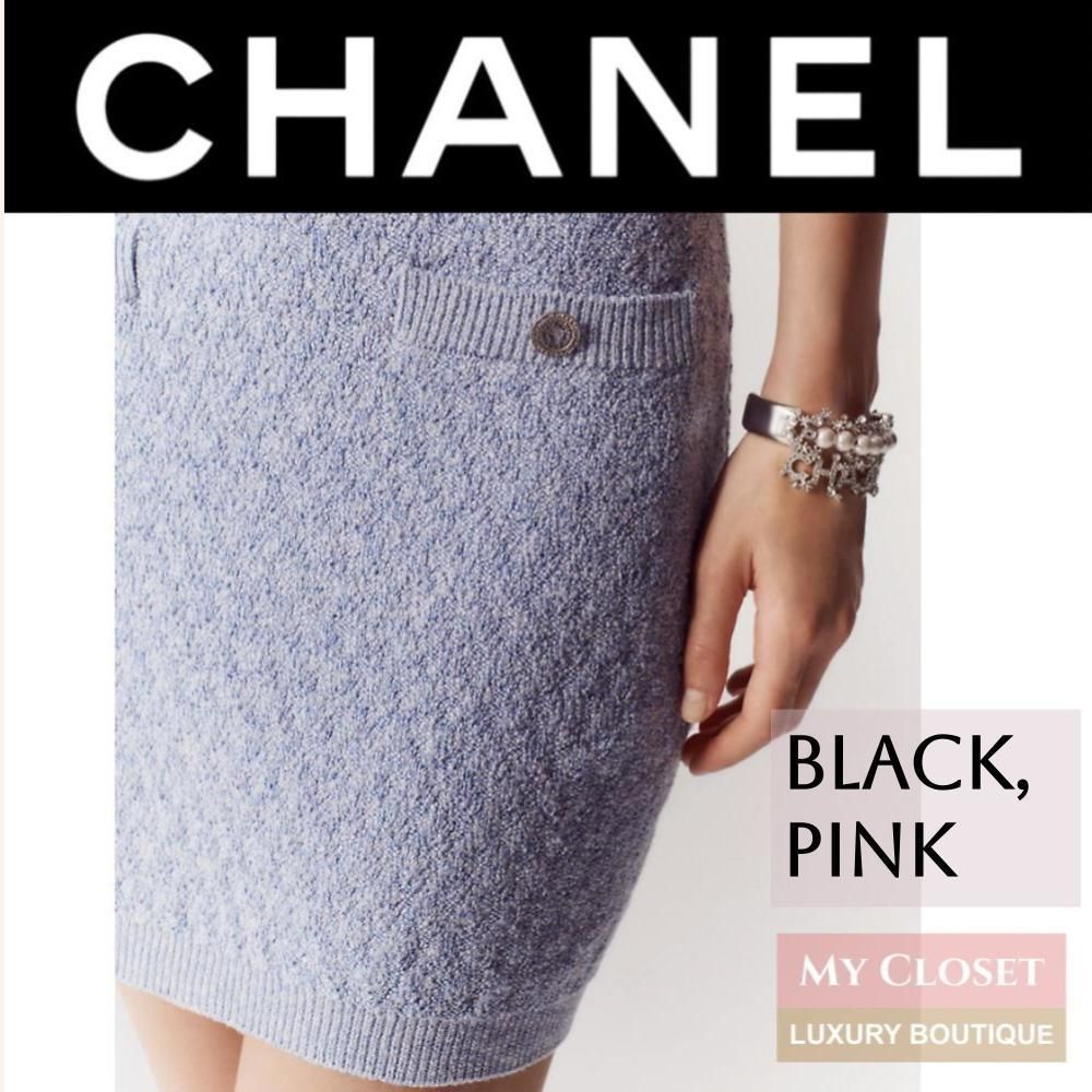 CHANEL ショート 直営 ブルー 無地 タイト ニット シルク 水色 (CHANEL