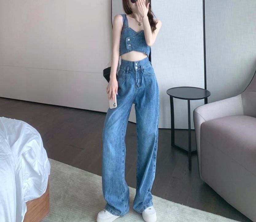 デニム セットアップ ワイドパンツ キャミソール 韓国アイドル 韓国系 デニム生地キャミソールワイドパンツのセット【b122