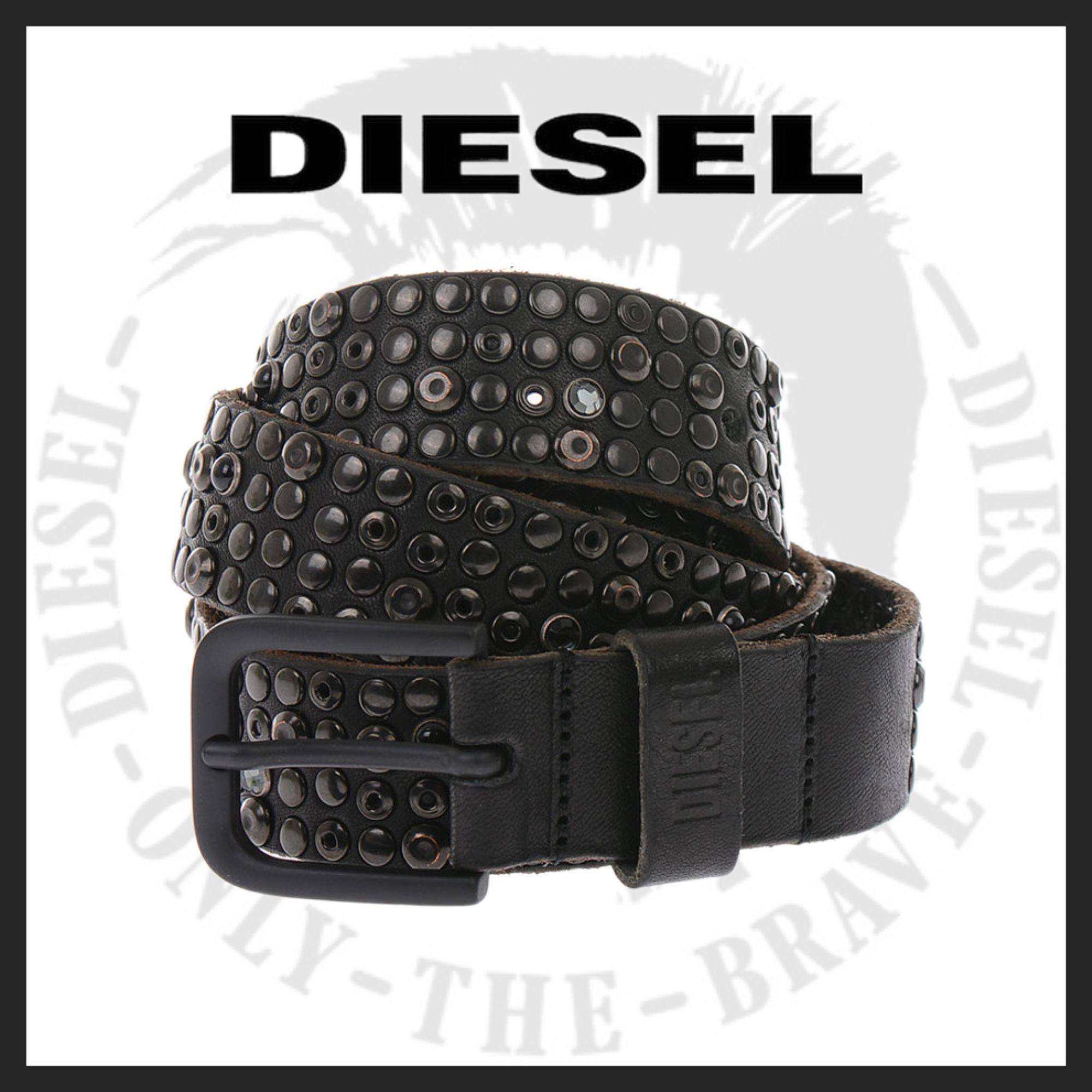 DIESEL◇ディーゼル ロゴ レザースタッズ ベルト 3cm幅 黒 (DIESEL ...