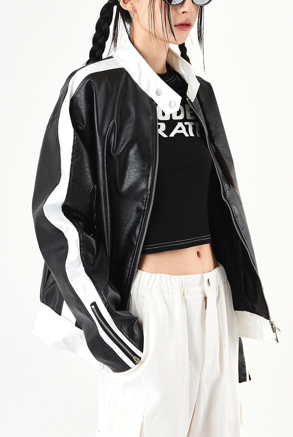 Raucohouse】Neck snap button biker leather jacket