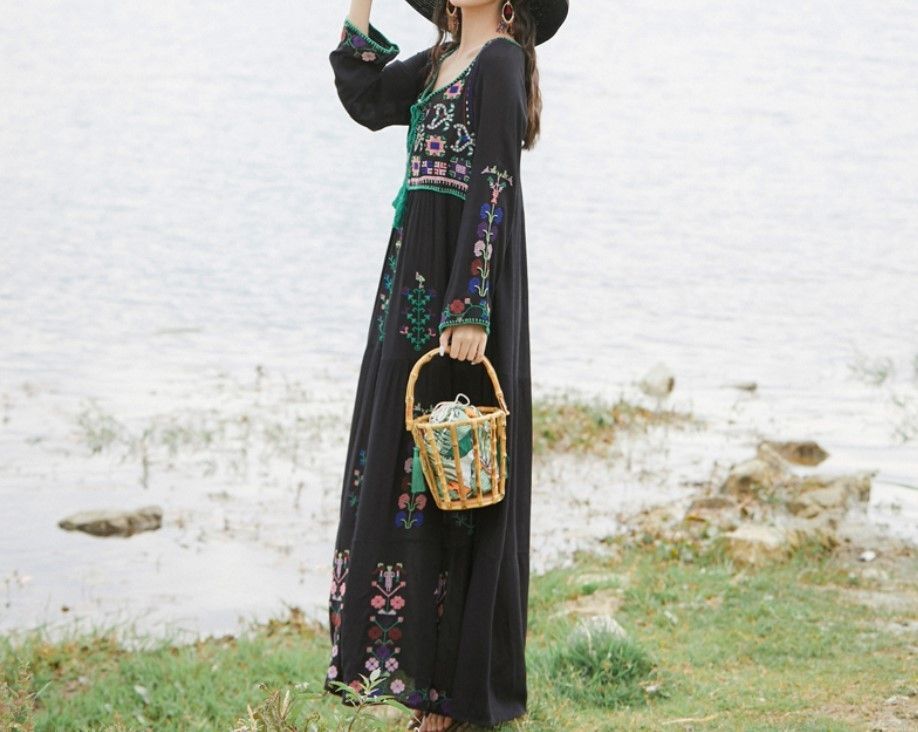 エスニックロングワンピース 花刺繍 3カラー【0924】 エスニックロングワンピース 花刺繍 3カラー【0924